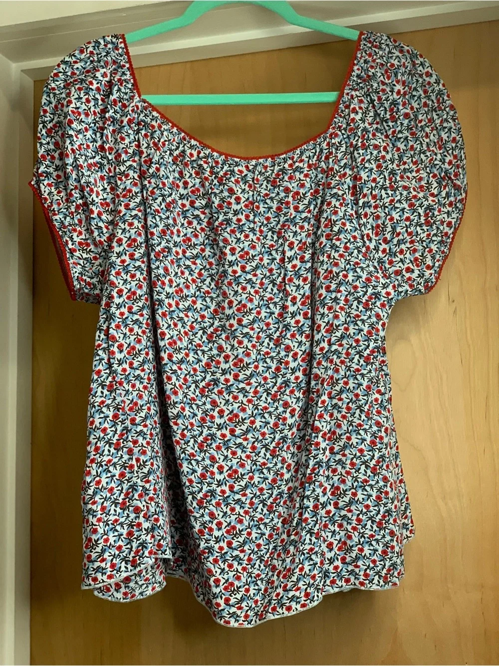J. Crew White Garden-Print Puff Sleeve Peasant Top with Red Trim Size-X-Large